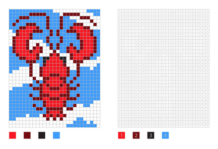 像素龙虾卡通在着色页与编号方块