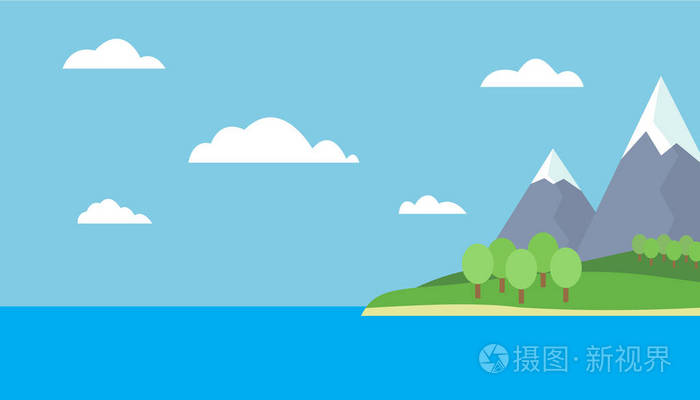 卡通山景的岛在绿色的小山, 树和灰色山脉山峰下雪下蓝色天天空与云与