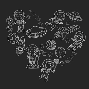 太空幼稚园, 学校天文学课儿童, 涂鸦孩子插图飞碟, 外星人, 月球表面, 地球, 木星, 土星, 火星矢量图标