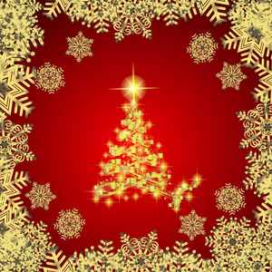 抽象背景与黄金圣诞树, 雪花和星星。红色和白色的插图