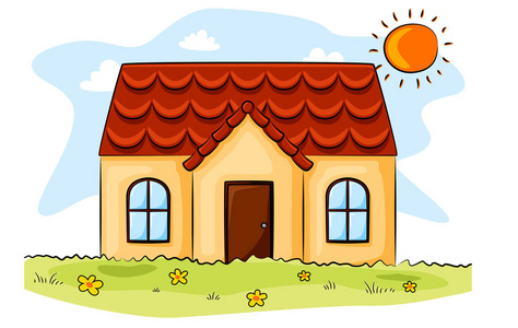 卡通屋和草地上的太阳照片