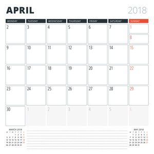 日历计划2018年4月。设计模板。星期从星期一开始。3月的页面