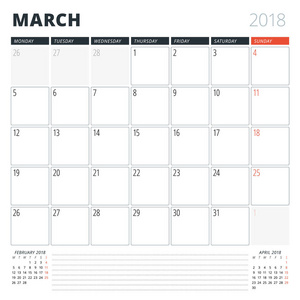 日历计划2018年3月。设计模板。星期从星期一开始。3月的页面