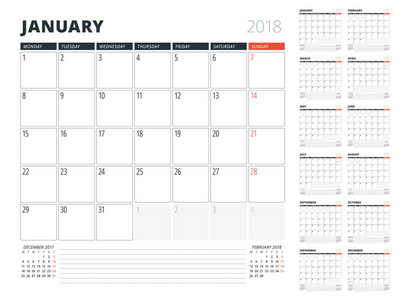日历计划2018年。设计模板。星期从星期一开始。设置12月
