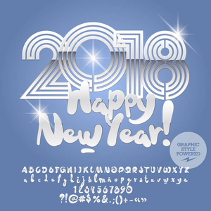 矢量雪2018年新年快乐贺卡与银套字母，符号和数字。字体包含图形样式