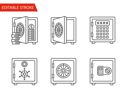 保险箱图标设置。细线矢量插图