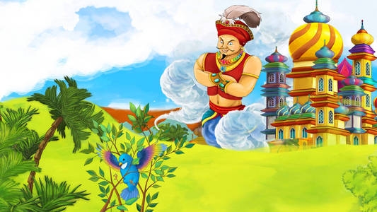 卡通场景与年轻的王子巨魔法师飞越美丽的城堡插图儿童