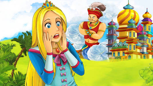 卡通巫师卡通场景与年轻的公主巨人巫师飞越美丽的城堡插图儿童照片