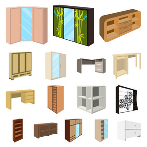 卧室家具卡通图标集为设计收藏。现代木家具等距矢量符号股票 web 插图