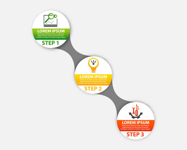 现代矢量插画3d。模板圆信息与三元素。设计用于业务演示web 设计带有3步骤选项部件或流程的图表。创意理念