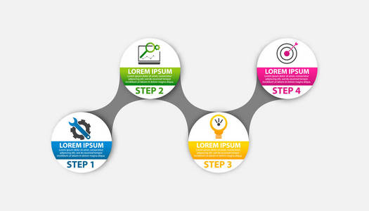 现代矢量插画3d。模板圆信息与四元素。设计用于业务演示web 设计带有4步骤选项部件或流程的图表。创意理念