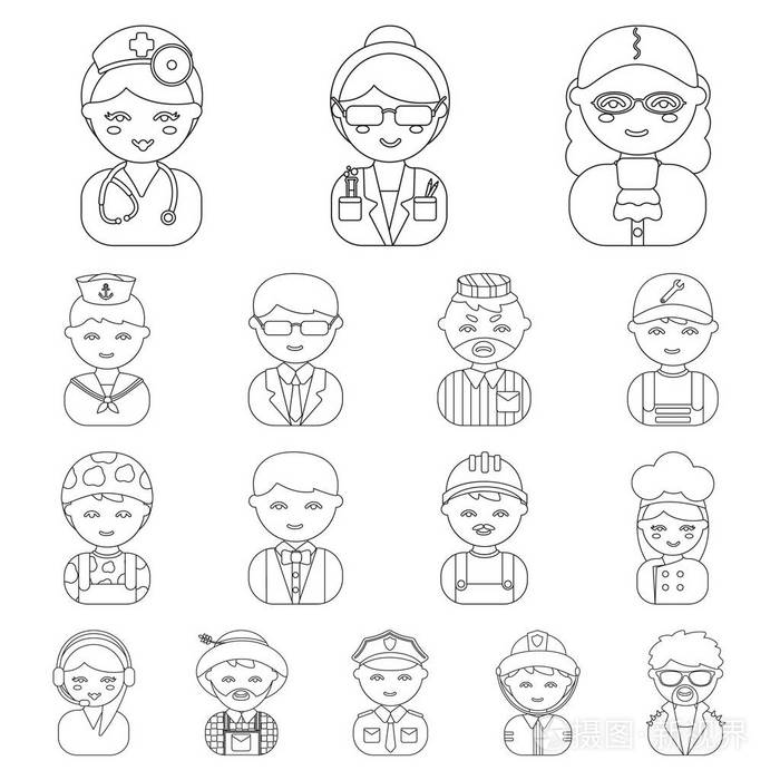 插画 不同职业的人在集合中勾勒出图标以供设计.