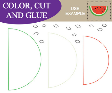 颜色切割和胶水，以创造西瓜浆果的形象。 儿童教育游戏。 矢量。