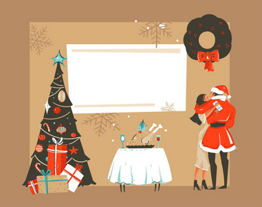 手绘矢量抽象有趣的圣诞时光卡通复古插画卡与浪漫情侣亲吻拥抱, 圣诞节树和地方为您的文本隔离在赭石背景