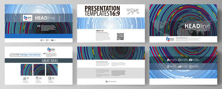 业务模板在高清格式演示文稿的幻灯片。在平面设计中容易可编辑抽象矢量布局。蓝色背景以简约的风格，由彩色圆圈