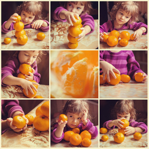 孩子和橘子拼贴。 选择性聚焦。