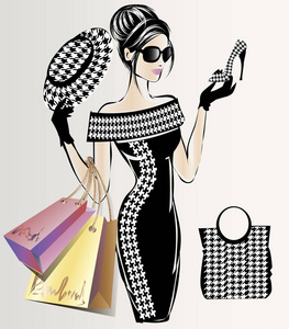 时尚销售横幅与妇女时尚剪影, 网上购物社会媒体广告网页模板与美丽的女孩。矢量插图图片