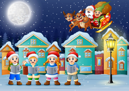 圣诞老人带着圣诞老人在雪地里唱歌的快乐孩子的矢量图