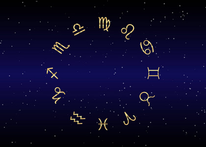 占星术与星座-十二生肖的黄金星座夜空和星辰夜空背景, 矢量插图照片