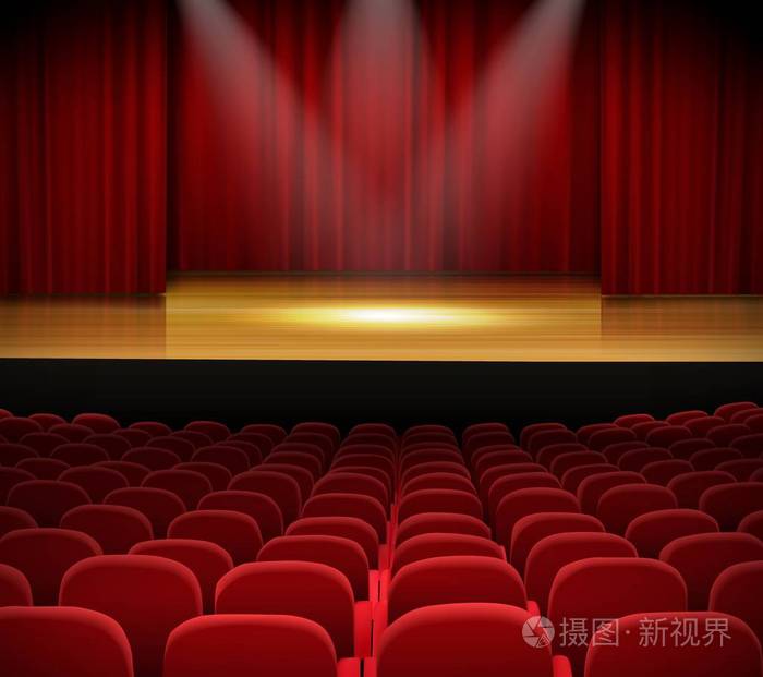 带有红色窗帘和座椅的剧院舞台矢量插图