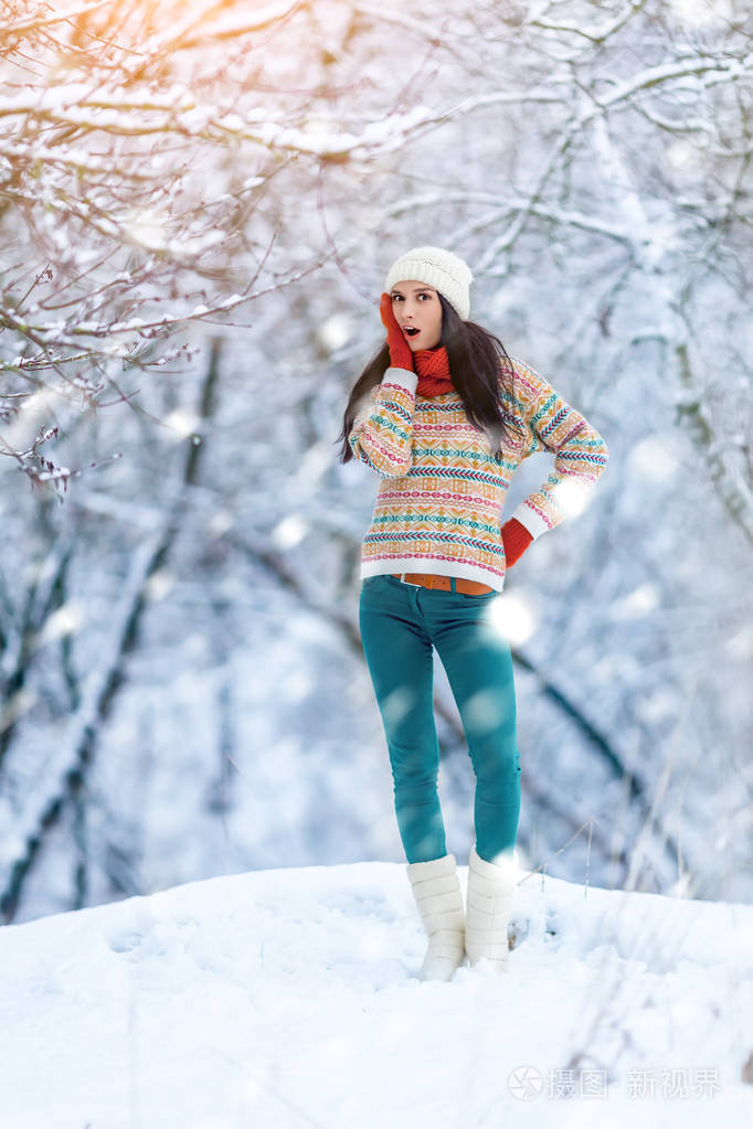 冬天少妇画像美丽快乐模型女孩笑并在冬季公园的乐趣户外美丽的年轻