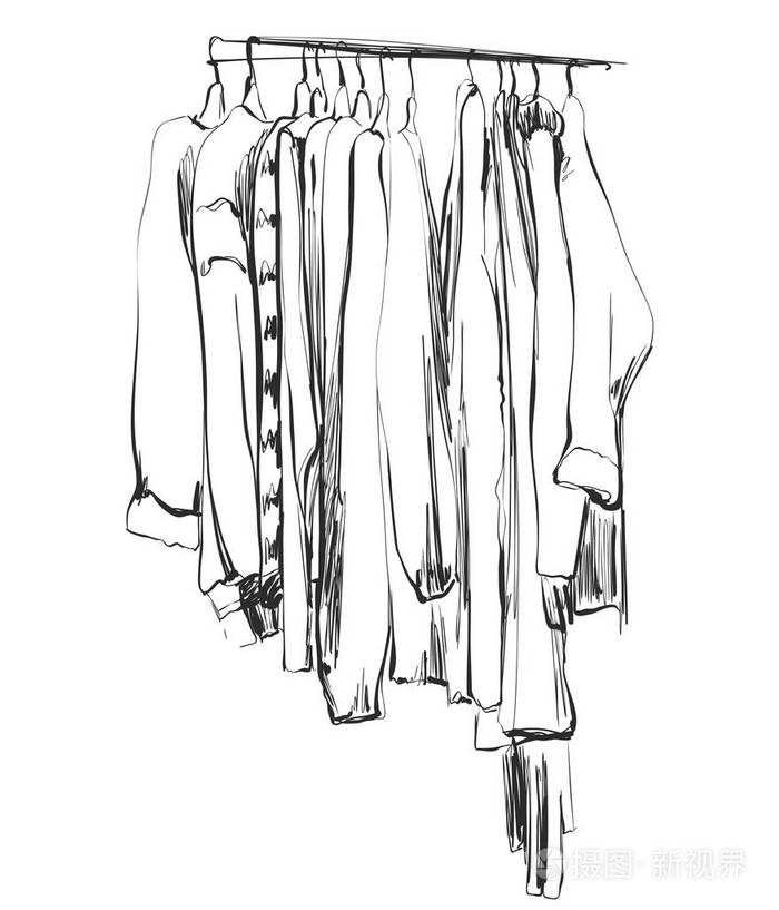 手绘绘制的衣柜.在衣架上的衣服