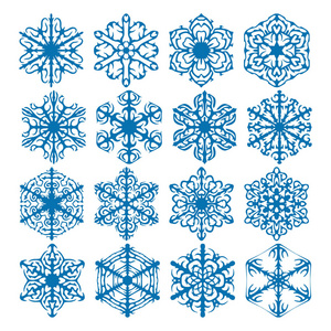 雪花矢量图标背景设置蓝色。 冬季白色圣诞雪花水晶元素。 天气插图冰收集。 圣诞节霜平孤立的剪影符号