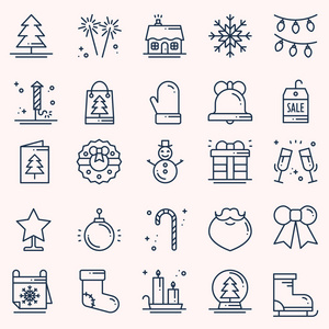 新年插画简单圣诞假期瘦线图标设置.新年庆祝概要汇集.