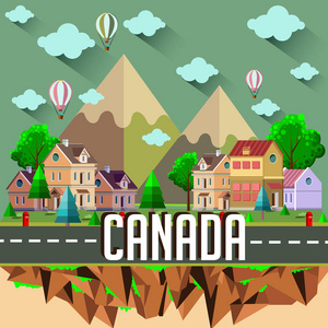 彩色矢量插图与城市建筑，汽车，道路，树木，山脉，云，文字加拿大