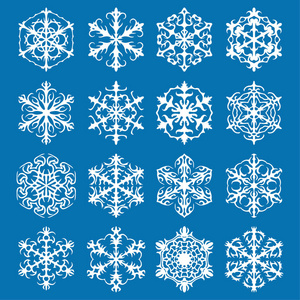 雪花矢量图标背景设置蓝色。 冬季白色圣诞雪花水晶元素。 天气插图冰收集。 圣诞节霜平孤立的剪影符号
