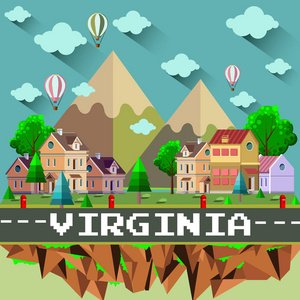 彩色矢量插图与城市建筑，汽车，道路，树木，山脉，云，文本弗吉尼亚。