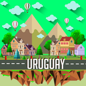 彩色矢量插图与城市建筑，汽车，道路，树木，山脉，云，文字乌拉圭