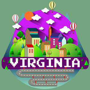 彩色矢量插图与城市建筑，道路，树木，山脉，云，文本弗吉尼亚。