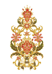 风格的金色闪亮的花在佩斯利装饰的高茎元素上。 孤立在白色背景上。