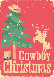 牛仔圣诞贺卡与树和冬假日装饰