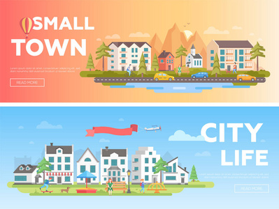 现代平面矢量插图的 cityset 与城市