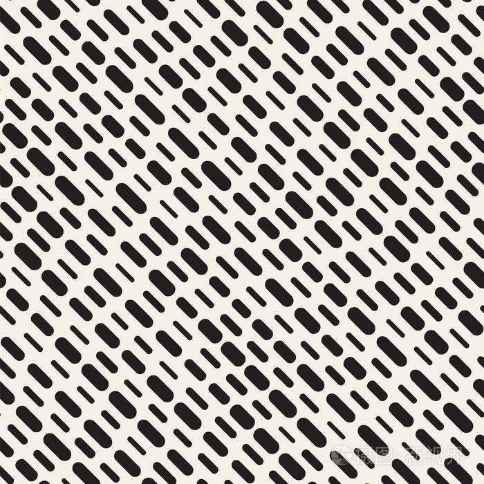 黑白不规则圆形虚线图案。 现代抽象矢量无缝背景。 时尚的混沌矩形条纹