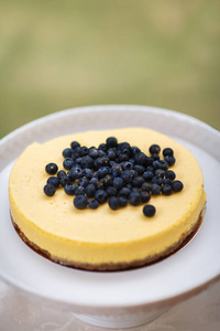 蛋糕与蓝莓和奶油在盘子