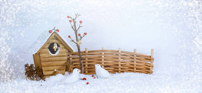 与鸟笼和鸟的圣诞节冬天背景