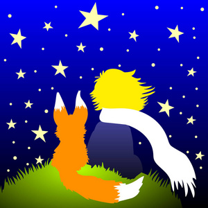 坐男孩仰望一幅生动的小王子插图,狐狸仰望星星照片