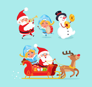 圣诞老人和雪少女矢量插图