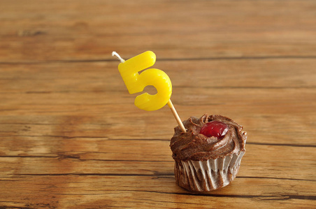 带五号生日蜡烛的巧克力纸杯蛋糕
