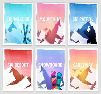 设置冬季运动的横幅。滑雪和滑雪板。山风景。滑雪在运动。矢量插图