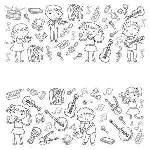儿童音乐学校矢量插画孩子唱歌, 演奏乐器幼儿园涂鸦图标儿童音乐课的