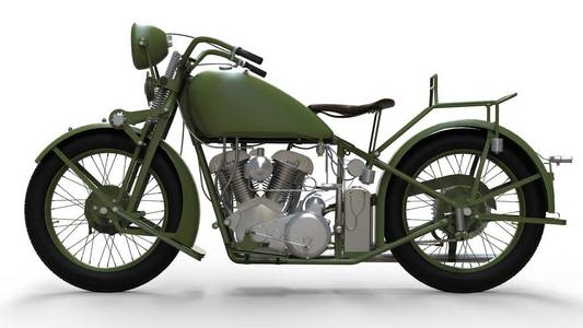 第二十世纪30s 代的一辆旧绿色摩托车。白色背景上带有阴影的平面图