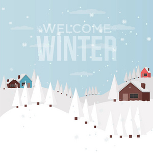 冬天有房子和树木的雪景。 平面矢量插图。 详细的房屋设计。 各种各样的树