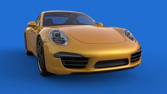 跑车蓝色背景的运动黄色汽车的形象。3d 插图