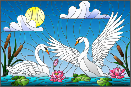 在阳光天空和云彩的池塘上用一对天鹅莲花和芦苇在彩色玻璃风格上的插图