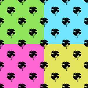 棕榈树设置在颜色背景无缝棕榈树模式背景。夏威夷纺织