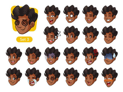 哭卡通人物第三套男性面部情绪卡通人物设计,卷发和不同的表情哭泣